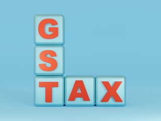 GST and Tax Buzzword Cubes - Blue Background - 3D Rendering