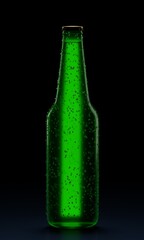 Single green beer bottle with water drops against black illuminated background