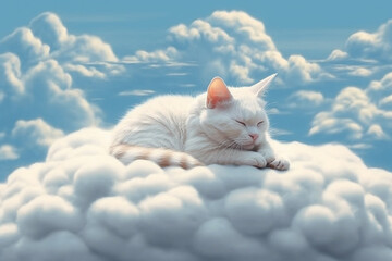 A heartwarming and adorable photography of a cute cat peacefully sleeping on a fluffy cloud, radiating pure serenity and comfort. Ai generated