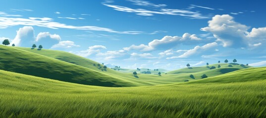 Windy green grass hill landscape background. Generative AI technology.	
