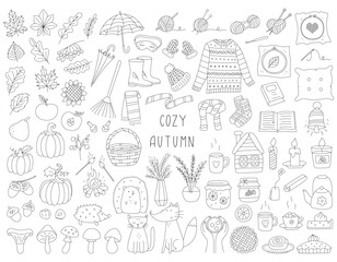 Set of hand drawn autumn elements. Outline design objects symbolizing autumn, comfort, harvest. Warm clothes, leaves, hot drink. Black white vector illustration isolated on white . Editable stroke