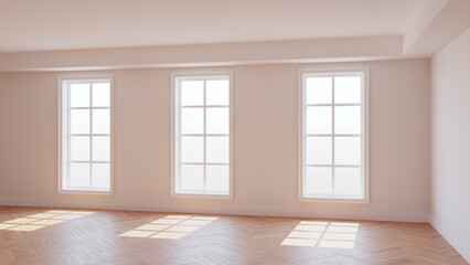 Sunny Interior of the White Room with Three Large Windows, Light Glossy Herringbone Parquet Floor and a white Plinth. Beautiful Concept of the Empty Room. 3D illustration, Ultra HD 8K, 7680x4320