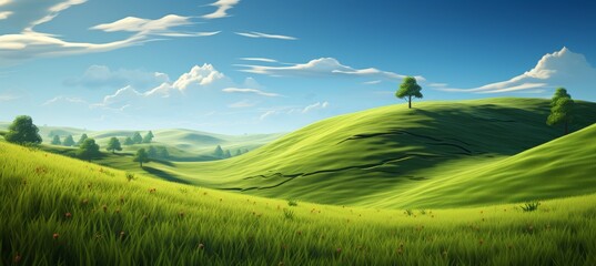 Meadow green grass hill landscape background. Generative AI technology.	
