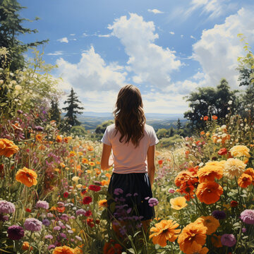 a child on a blooming field, sunny weather, clouds, created with Generative AI technology