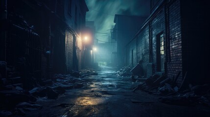 Dark alleyway shrouded in mystery. Halloween concept for ghost-hunting equipment supplier, paranormal podcast, ghost tour agency.