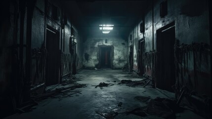 Deserted, haunted asylum with lingering phantoms. Halloween concept for horror-themed escape room, haunted attraction organizer, abandoned location photoshoots.