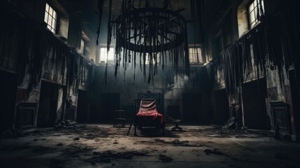 Deserted, haunted asylum with lingering phantoms. Halloween concept for horror-themed escape room, haunted attraction organizer, abandoned location photoshoots.