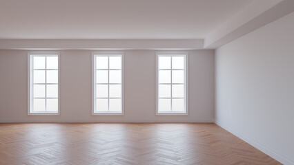 Interior with White Wall, White Ceiling and Conrnice, Three Large Windows, Herringbone Parquet Floor and a White Plinth. Beautiful Concept of the Interior, 3D illustration. 8K Ultra HD, 7680x4320 © SK-Studio