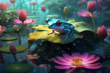 An adorable and charming illustration of a cute frog sitting on a lily pad in a serene lake or pond, capturing the tranquility and beauty of nature. Ai generated
