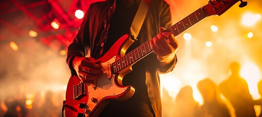Obraz premium Bassist perform at music concert bokeh background. Generative AI technology.