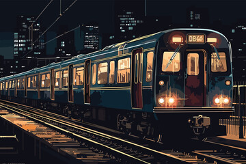 Obraz premium The train is running to the destination station when the sun is going down in the evening in a beautiful natural way Vector art illustration painting watercolor