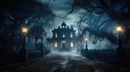 Eerie mist envelops the haunted mansion. Halloween concept for haunted house attraction, photography studio, tour company.