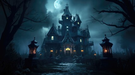 Eerie mist envelops the haunted mansion. Halloween concept for haunted house attraction,...