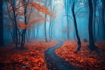 Naklejka na ściany i meble Mesmerizing scene of a mystical forest, enveloped in ethereal blue fog and with vibrant yellow leaves during the enchanting season of autumn. Ai generated