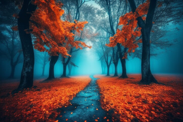Obraz na płótnie Canvas Mesmerizing scene of a mystical forest, enveloped in ethereal blue fog and with vibrant yellow leaves during the enchanting season of autumn. Ai generated