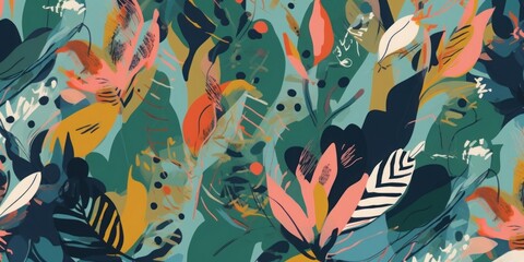Fototapeta na wymiar Modern exotic artistic floral jungle pattern. Collage contemporary seamless pattern. Hand drawn cartoon style pattern, Generative AI