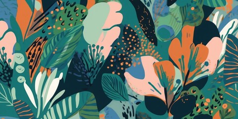 Modern exotic artistic floral jungle pattern. Collage contemporary seamless pattern. Hand drawn cartoon style pattern, Generative AI - obrazy, fototapety, plakaty