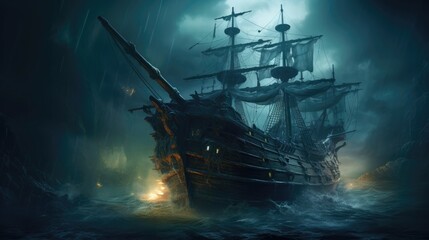 Haunted shipwreck emerging from the misty ocean. Halloween concept for nautical-themed restaurant, marine adventure tour, ghost ship-themed party. - obrazy, fototapety, plakaty
