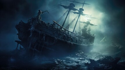 Haunted shipwreck emerging from the misty ocean. Halloween concept for nautical-themed restaurant, marine adventure tour, ghost ship-themed party. - obrazy, fototapety, plakaty