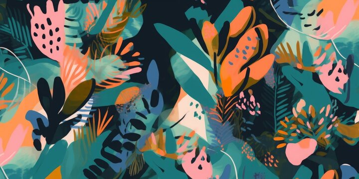 Modern exotic artistic floral jungle pattern. Collage contemporary seamless pattern. Hand drawn cartoon style pattern, Generative AI