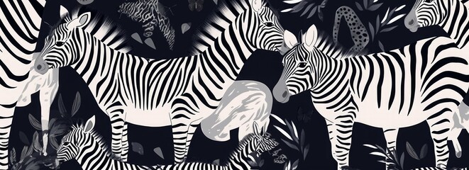 Hand drawn abstract pattern with zebras. Trendy collage contemporary seamless pattern. Fashionable template for design. Black and white colors, Generative AI