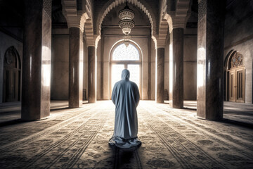 Naklejka premium A powerful scene of a devout Muslim man deep in prayer, connecting with his faith inside a mosque, as the sunrays illuminate the sacred space, creating a profound spiritual ambiance. Ai generated