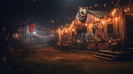Vintage abandoned carnival with ghostly presence. Halloween concept for creepy carnival event organizer, dark photography studio, circus-themed party.