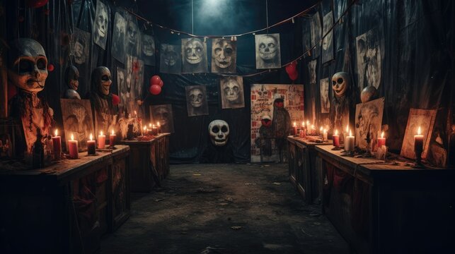 Vintage abandoned carnival with ghostly presence. Halloween concept for creepy carnival event organizer, dark photography studio, circus-themed party.