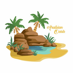 Arabian desert oasis design with stones, dates tree, and fountain. 