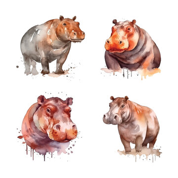 Hippopotamus watercolor paint collection