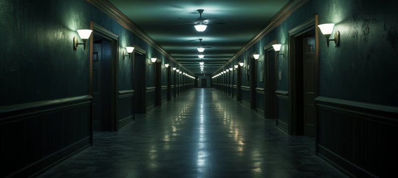 Empty hotel corridor melancholic dark background. Generative AI technology.