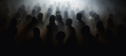 Fototapeta na wymiar Sect group ritual at dark misty background. Generative AI technology.