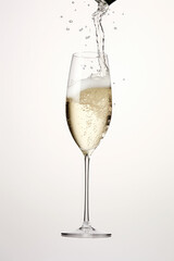 A close-up of a classic wine glass with poured white wine or sparkling champagne splashes in motion. Isolated on white background, creative minimal concept for stories.