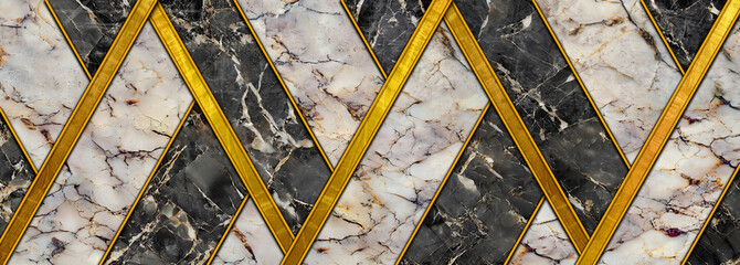 Vintage onyx dark and light marble in herringbone pattern with golden inlay