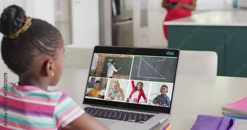 Sticker Diverse schoolchildren having laptop video call with male teacher and raising hands in slow motion