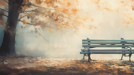 a bench in an autumn park landscape in the morning fog and tranquility background with a copy of space. Generative AI