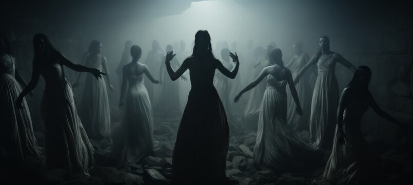 Group white dress woman dancing at dark background. Generative AI technology.