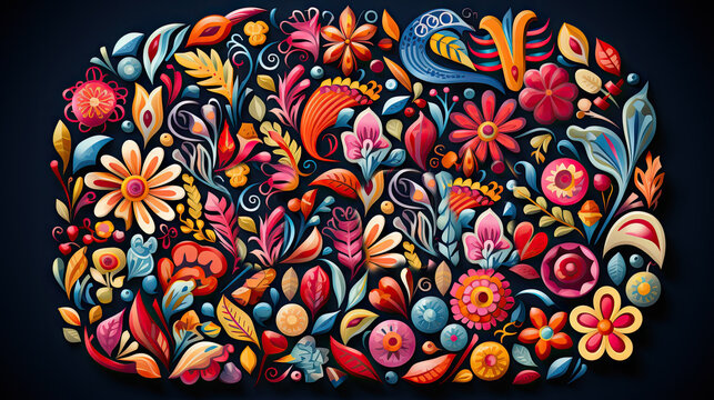 Colorful floral vector pattern with abstract flowers and leaves on dark background. Generative AI.