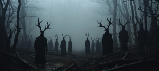 Creepy black cult at haunted foggy forest background. Generative AI technology. - obrazy, fototapety, plakaty
