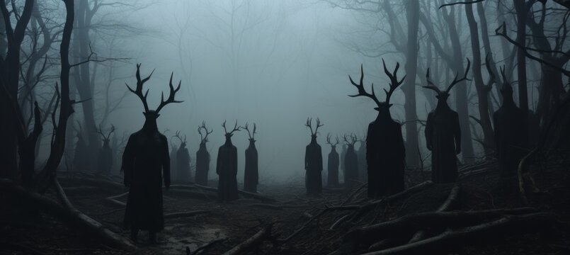 Creepy black cult at haunted foggy forest background. Generative AI technology.