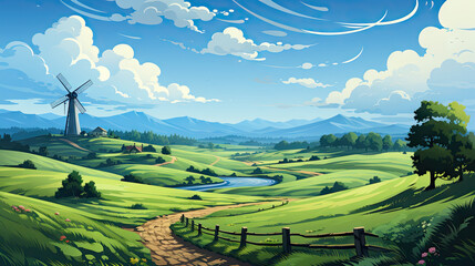 Beautiful landscape with windmill and meadow. Vector illustration. Generative AI.