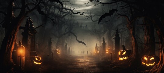 Halloween foggy forest melancholic dark background. Generative AI technology.