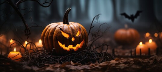 Halloween scary pumpkin on the spooky forest background. Evil face Jack O Lantern. Generative AI technology.