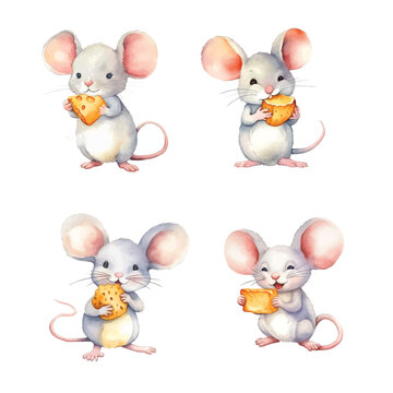 Cute mouse eating cheese watercolor paint collection