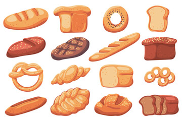 Bread and bakery vector cartoon set isolated on a white background.