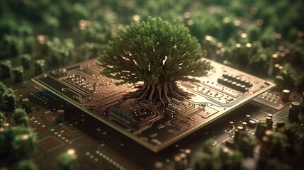 Green natural eco-friendly tree and computer technology on an abstract high-tech futuristic background of microchips and computer circuit boards with transistors. AI generated