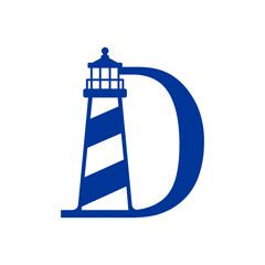 Logo Nautical. Icono de torre marítima en puerto. Letra inicial D con faro de luz © teracreonte