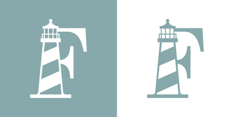 Logo Nautical. Icono de torre marítima en puerto. Letra inicial F con faro de luz - obrazy, fototapety, plakaty
