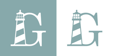 Logo Nautical. Icono de torre marítima en puerto. Letra inicial G con faro de luz
