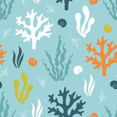 Simple summer pattern with colorful seaweed and seashells silhouettes on blue background. Nautical seamless print for kids and female textile, wrapping paper